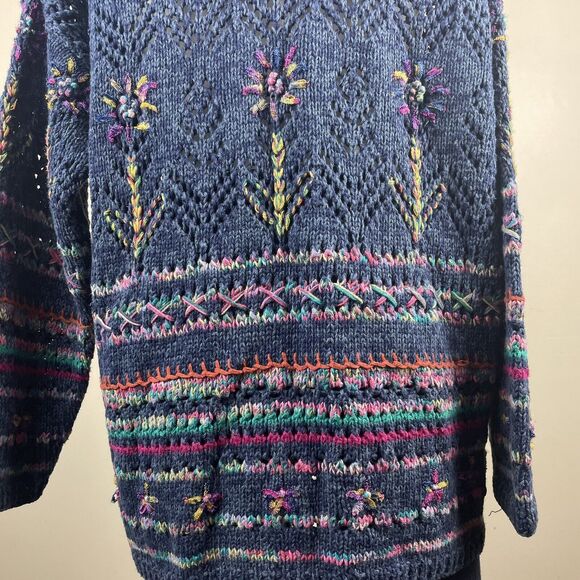 Vintage Express Tricot Hand Knit Multi Color Floral Design Size Large Cardigan - Picture 7 of 12